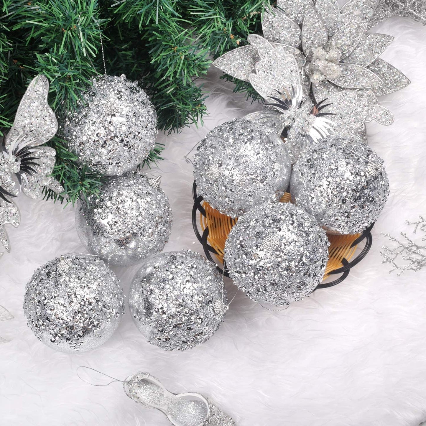 4" Christmas Ball Ornaments, 4pc Set Silver Shatterproof Christmas Decorations Tree Balls for Xmas Trees Wedding Party Holiday Decorations