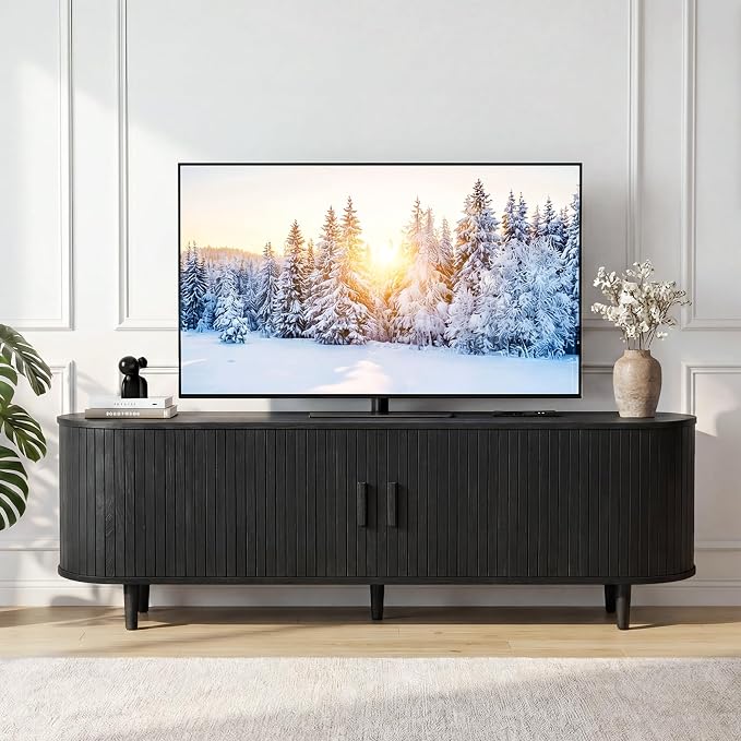 65" Mid Century Modern TV Stand, Wood TV Consoles with Sliding Doors and Power Outlet, Fluted Entertainment Center with Adjustable Shelves, Media Console for Living Room, Black