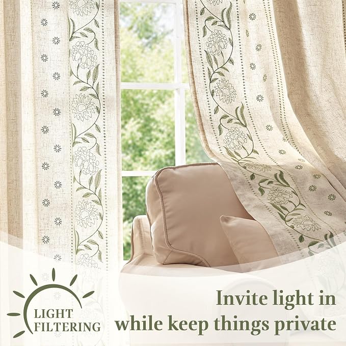 jinchan Winslow Lined Linen Curtains for Bedroom 63 Inches Linen Blended Embroidered Bordered Floral Curtains for Living Room Farmhouse Decor Window Treatments Sage on Beige Drapes 2 Panels