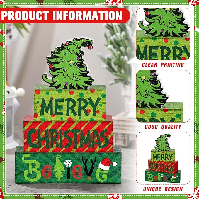 Marsui 4 Pcs Merry Christmas Table Decor Green Red Xmas Tiered Tray Decor Rustic Xmas Tree Believe Holiday Wood Sign Block Farmhouse Christmas Centerpiece for Tables Home Office Desk Shelf Gifts