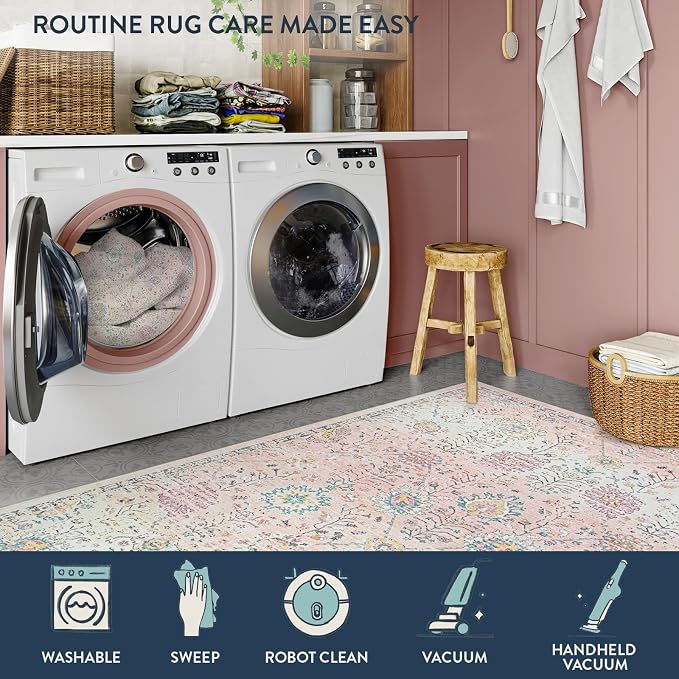 Lahome Pink Rug for Girls Bedroom 5x7, Soft Washable Floral Dorm Rug, Boho Non Slip Pastel Classroom Carpect for Dorm Room, Kids Room, Nursery and Playroom