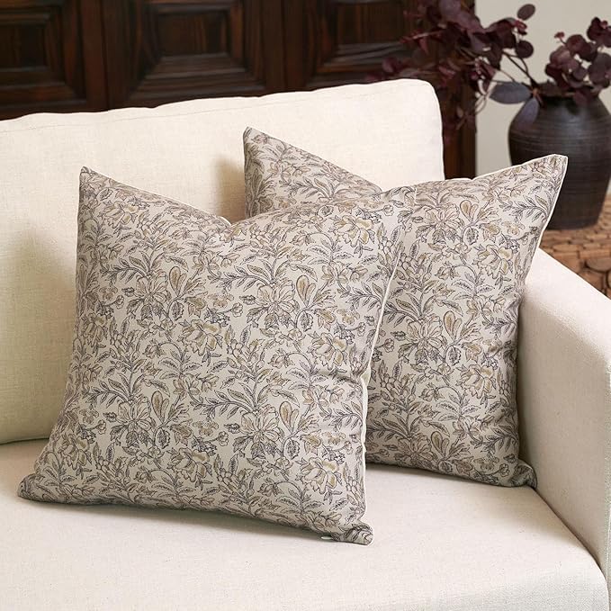 Amor Virisso Floral Throw Pillow Covers 24x24 Set of 2 Vintage Block Print Pillow Covers Decorative Pillow Covers Couch Pillows for Living Room Farmhouse Accent Sofa Pillows, Yellow/Sand