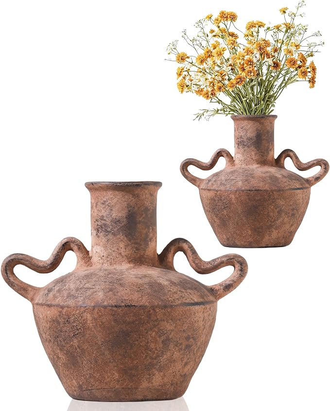 UPWOIGH 9.3in Vintage Terracotta Vase with Handles | Rustic Brown Finish, Distressed Black Markings, Mediterranean Farmhouse Décor, Table or Mantel Accent, Antique Gift 1 Pack
