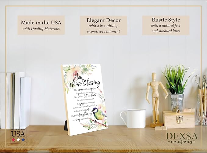 DEXSA New Home Blessing Wood Plaque with Inspiring Quotes 6"x9" - Elegant Frame Wall & Tabletop Decoration | Easel & Hanging Hook | Christian Family Religious Home Decor Saying | Made in the USA