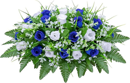 LVXINLI Artificial Cemetery Flowers Saddle-Shaped Tombstone Decorations Non-Fading UV-Resistant（Blue+White Saddle ）