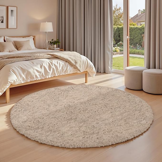 Beige Round Fluffy Rug 5ft,Soft Bedroom Circle Rugs Mats for Kids Girls Nursery Room,Washable Plush Shaggy Indoor Non Slip Rug for Bedside Living Room Bedroom Circular Carpet,Home Decor Aesthetic