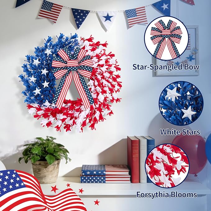 22 inch Patriotic Wreath, 4th of July Wreaths for Front Door, Red White Blue Anniversary Independence Day Memorial Day Wreath Indoor Outdoor Decor