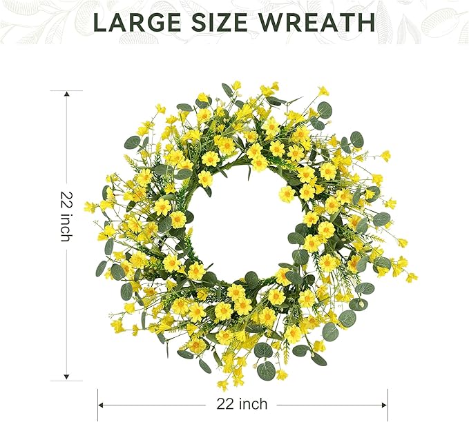 Pinkpum 22 Inch Yelllow Daisy Eucalyptus Wreath, Artificial Spring Summer Floral Wreath for Front Door, Farmhouse Wedding Wall Window Decor