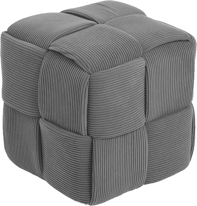 Cmishe 15" Square Woven Corduroy Ottoman Footrest - Modern Vanity Stool for Living Room & Entryway, Eco-Friendly Wood Frame, No Assembly (Grey)