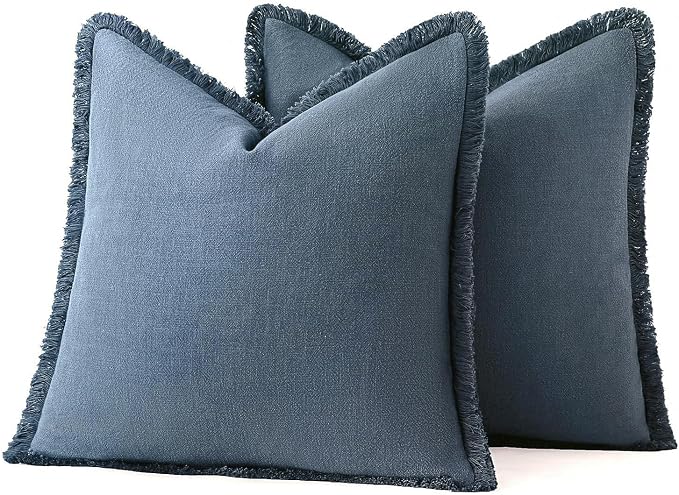 MIULEE Decorative Throw Pillow Covers Neutral Linen Fringe Throw Pillows Set of 2 Blue Ashes Boho Farmhouse Cushion Covers with Tassels for Couch Sofa Bed Spring Home Decor 22x22 Inch