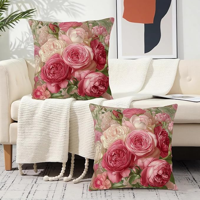 Rose Floral Pillow Covers Vintage Rustic Pink Rose Oil Painting Throw Pillow Covers 18x18 Set of 2 Spring Summer Retro Flower Pillow Cases Shabby Chic Cushion Case for Sofa Bed
