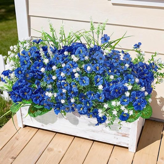 16 Bundles Artificial Flowers for Outdoors, UV Resistant Silk Faux Flowers for Outside Planters,Garden,Porch,Yard,Home Decor(Blue)