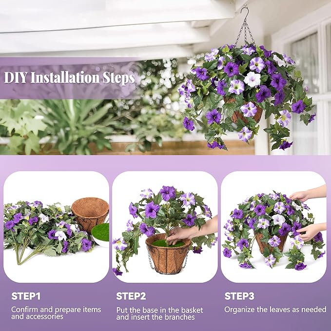 Ammyoo Artificial Hanging Fake Flowers with Basket Plants for Outdoor Decoration, Faux Silk Flower UV Resistant Morning Glory for Home Porch Patio Garden Balcony Yard Look Real (Purple White)