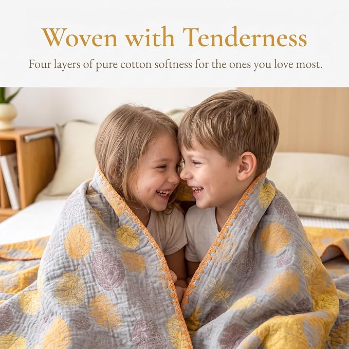 NIDITW Checkerboard Cotton Muslin Throw Blanket for Couch 6-Layer Checkered Gauze Blanket Soft Breathable All Season for Couch Bed Sofa (Yellow Leaves, Twin)