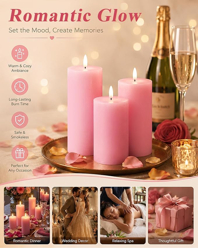 VIHOSE 6 Pack Pink Flameless Candles Set with Remote and Timer Flickering Flameless Battery Candles Flat Top LED Pillar for Wedding Outdoor Home Festival Decoration(D 3" H 6" 7" 8")
