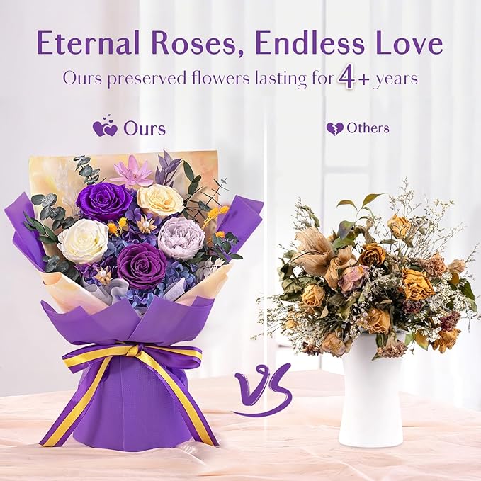 5 Pcs Glitter Purple Preserved Roses Flowers Bouquet, Forever Rose Flowers for Delivery, Birthday Gifts for Women, Long-Lasting Red Roses with Vase Gift Box, Forever Flowers for Wife Mothers Day