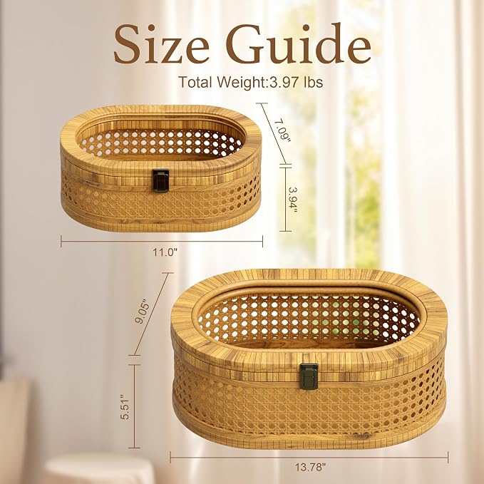 Rattan Display Box,Boho Oval Decorative Storage Boxes with Clear Lid,Set of 2 Woven Wicker Natural Finish Keepsake Boxes for Rustic Farmhouse for Home Decor