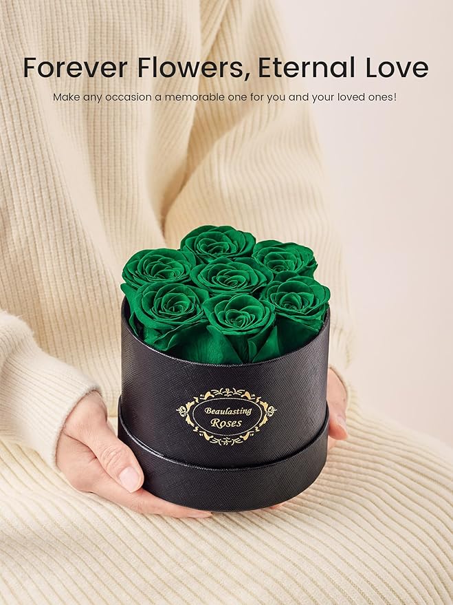 Beaulasting Long Lasting Preserved Roses in a Box Last a Year Forever Flowers for Her Mom Wife Anniversary Birthday (Round Black Box, Blackish Green)