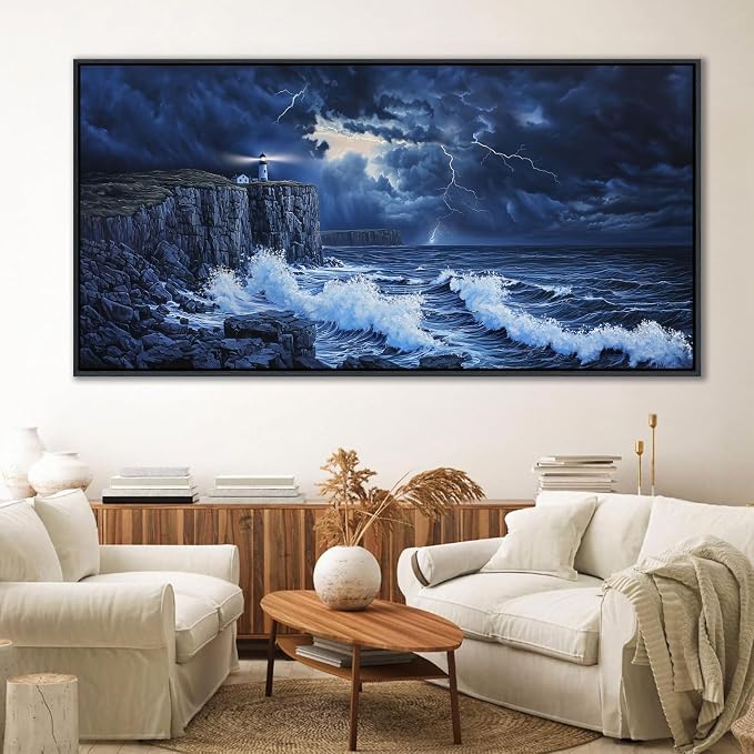 YDYSUNE Large Wall Decor- Ocean Canvas Painting Navy Blue Picture Framed Lighthouse Coastal Wall Art,Huge Waves Seascape Decoration Artwork for Living Room,Bedroom,Office Size 29x58 Inches