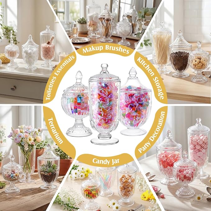 3 Pcs Glass Apothecary Jar with Lid Decorative Crystal Candy Jar for Candy Buffet Bathroom Storage Canisters Wedding Decor Glass Organization Canisters for Home 26/21.3/4.7 oz
