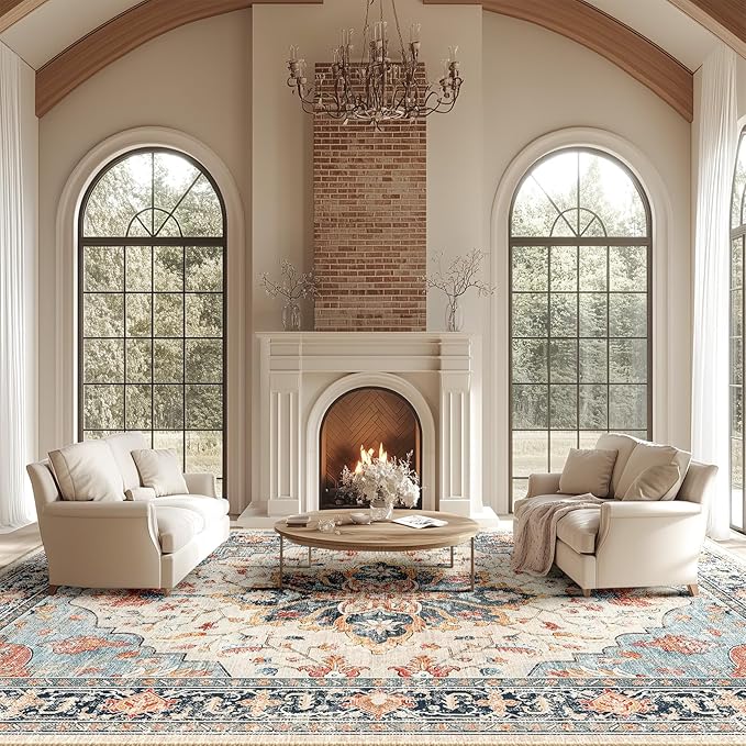 RELEANY Area Rugs 10'x14' Washable Non-Slip, Floral Vintage Distress Print Pattern Medallion Carpet for Living Room Bedroom Dining Room, Beige Navy Blue Orange Colorful