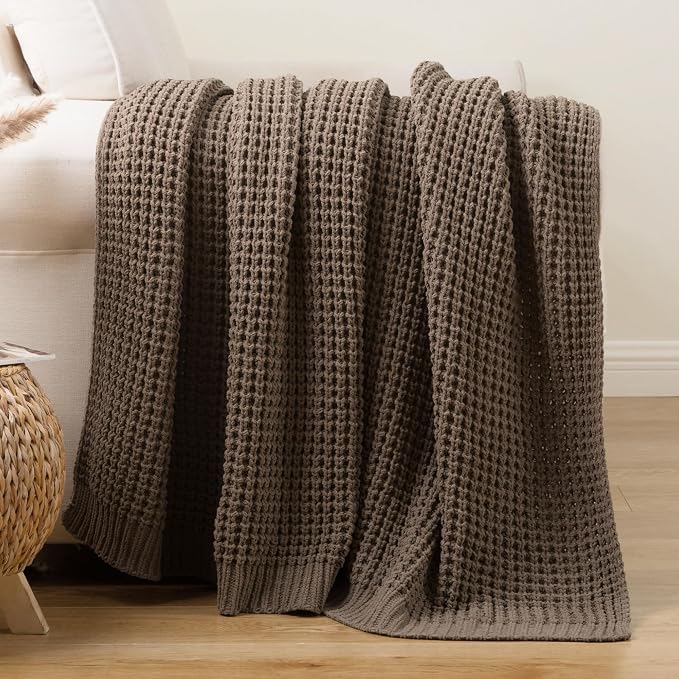 Bunnikins & Clover Knitted Waffle Throw Blanket 60x80 Inches, Camel Tan Throw Blanket for Couch, Tan Blanket Fluffy Cozy Knit Soft Throws for Women Mothers Birthday Gifts