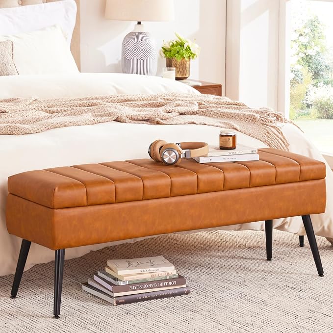 Storage Ottoman Bench, 43.5" Faux Leather Upholstered Entryway Bench, Long Ottoman with Storage for Living Room, Support 660lbs - Cognac Brown