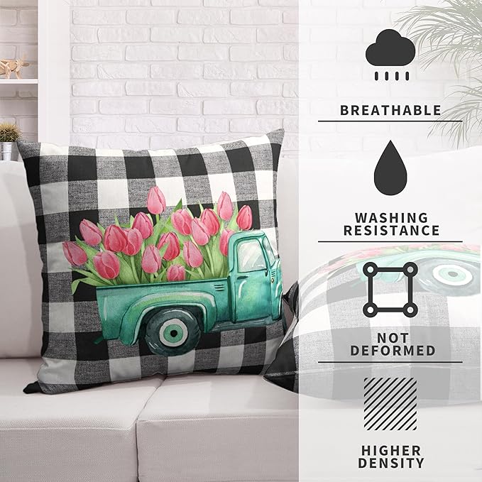 Spring Tulip Pillow Covers 18x18 Set of 2 Vintage Truck with Pink Tulip Floral Throw Pillow Covers Black and White Buffalo Plaid Cushion Case for Farmhouse Living Room Sofa