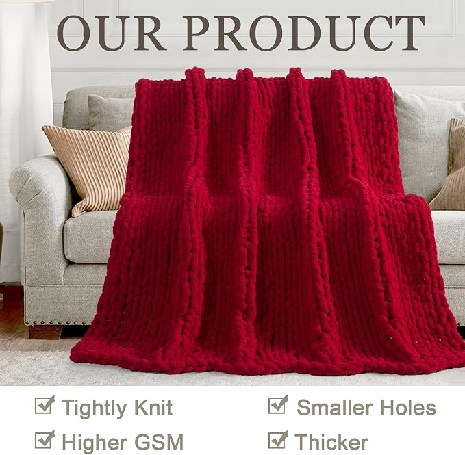 Chunky Knit Throw Blanket 50x60, 100% Handmade Chenille Yarn | 4.4lbs Soft Thick Cable Knitted Blankets, Large Rope Knot Crochet Throws for Couch Sofa Bed Christmas Fall Decor, Red
