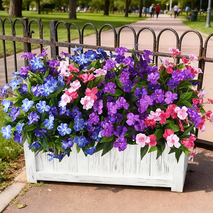 Artificial Impatiens Flowers for Outdoors, 6 Bundles Multicolor Silk Fake Flowers for Spring Summer Decoration, UV Resistant Faux Plants Plastic Bouquet for Home Planter Porch Patio Yard Decor