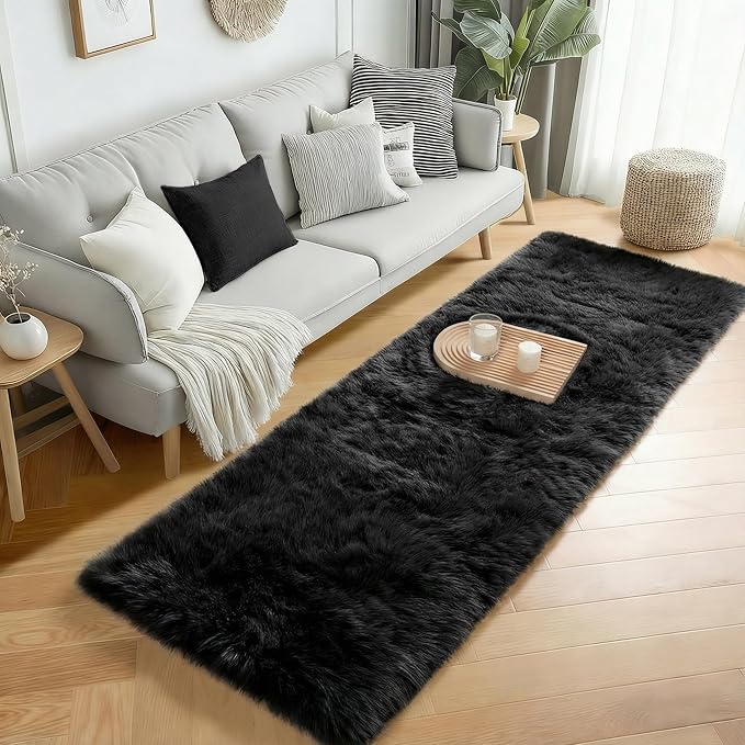PAGISOFE Black Runner Rugs for Bedroom, Living Room 2x6 Small Plush Fluffy Boys Rug, Bedside Rug, Soft Rugs for Kids Room, Plush Shag Carpet, Accent Throw Rugs, Home Decor Aesthetic Nursery