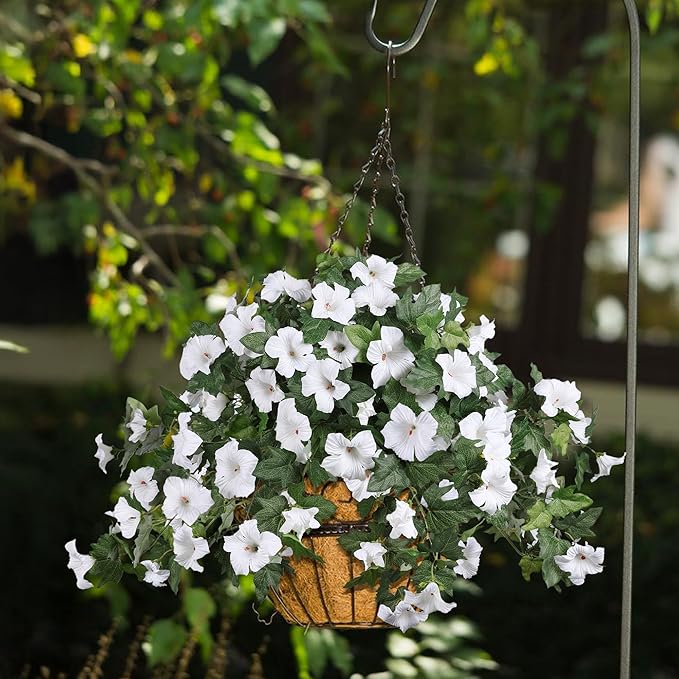 HyeFlora Artificial Flowers for Outdoors 2PCS Faux Petunias Silk Fake Flowers for Outside Planter UV Resistant Realistic Home Garden Porch Decor (White)