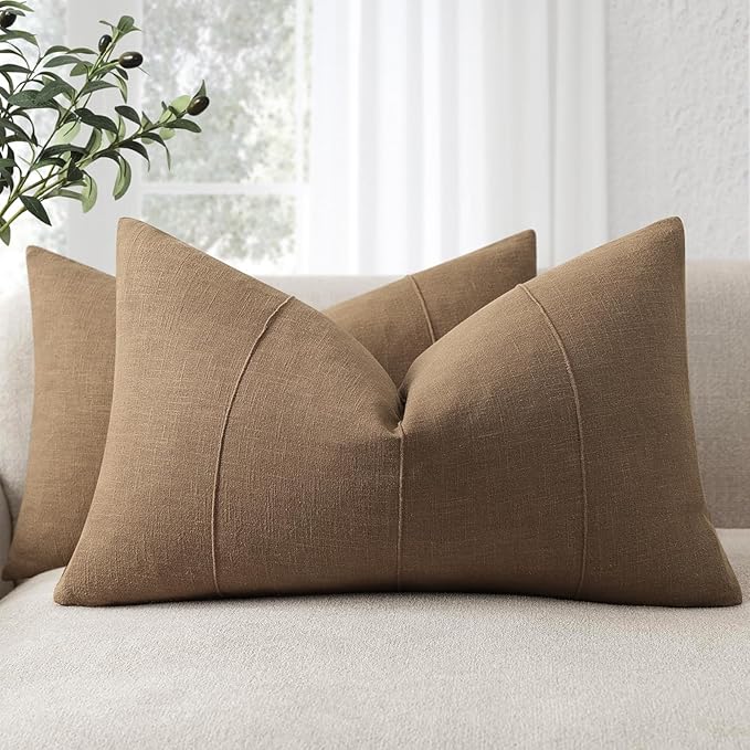 12x20 Pillow Covers Set of 2 Decorative Linen Lumbar Pillow Covers Solid handcrafted Striped Cushion Covers for Bed Soft Modern Farmhouse Neutral Pillowcase for Couch Bedroom Living Room (Coco Brown)