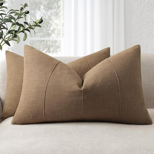 12x20 Pillow Covers Set of 2 Decorative Linen Lumbar Pillow Covers Solid handcrafted Striped Cushion Covers for Bed Soft Modern Farmhouse Neutral Pillowcase for Couch Bedroom Living Room (Coco Brown)