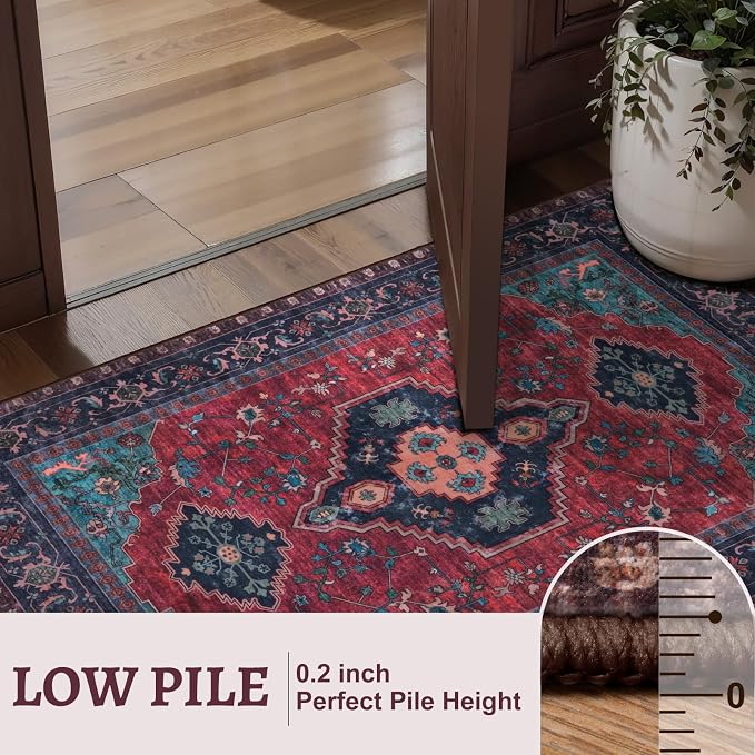 Tangsoo 2x6 Washable Runner Rug for Hallways, Non Slip Vintage Runner Rug, Soft Low Pile Long Rug Runner Print Distressed Carpet Runners for Kitchen Bedroom Entryway Bathroom Living Room Burgundy/Navy