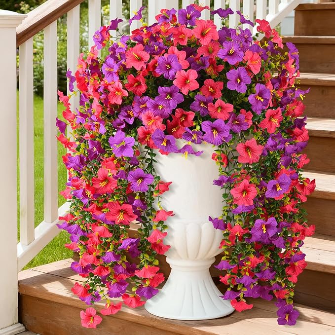 Artificial Fake Flowers Plants for Outdoor Spring Summer Decoration,2 PCS Faux Silk Morning Glory with Eucalyptus Leaves,UV Resistant Realistic Outdoor Flowers for Balcony Porch Patio Yard Garden
