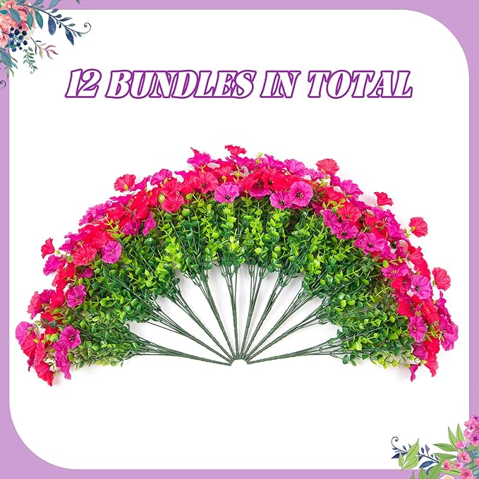 Hrobek Artificial Flowers for Outdoors, 12 Bundles Fake Plastic Flower Plant, Faux Colorful Silk Morning Glory Eucalyptus for Spring Summer Outside Garden Porch Front Door Decor, Hot Pink Purple