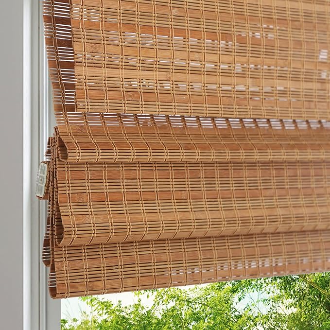 Cordless Wood Window Blinds, Bamboo Sheer Light Filtering Woven Roman Shades, Tiger Wood, 24" W X 48" H