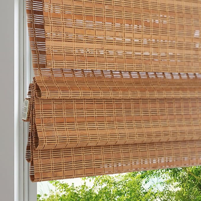 Cordless Wood Window Blinds, Bamboo Sheer Light Filtering Woven Roman Shades, Tiger Wood, 22.5" W X 48" H