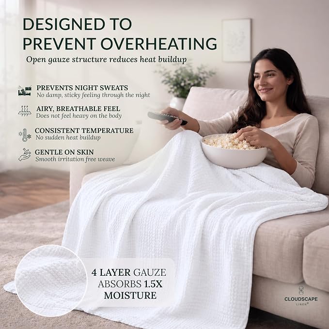 CLOUDSCAPE 4 Layer Muslin Blanket for Adults - 100% Cotton Throw Blanket - 50"x70" Oversized Gauze Throw for Sofa, Couch - Soft Lightweight Breathable Muslin Cotton Throws for Summer - White