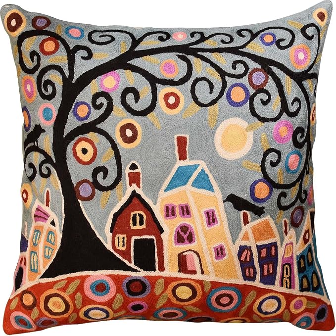 Turquoise Tree of Life Throw Pillow Cover | Karla Gerard Bird Pillows | Blue Flower Pillows | Plant Floral Chair Cushion | Flower Couch Pillow | Hand Embroidered Wool Size - 18x18