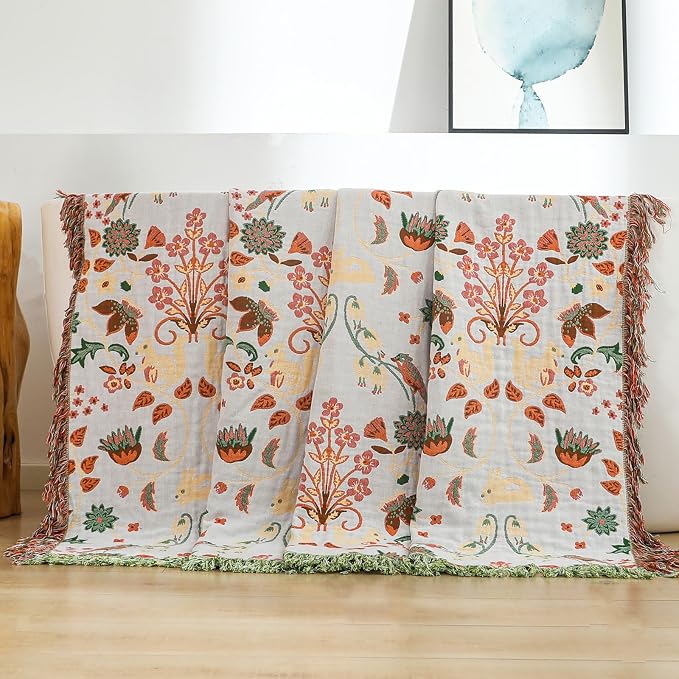 Boho Ultra Soft Throw Blanket 60''x80',100% Cotton Blankets for Couch Bed,Squirrel Farmhouse Home Decor Bed Blankets, All Season Rustic Reversible Bohemian Lightweight Throw for Bed -Light Green ﻿