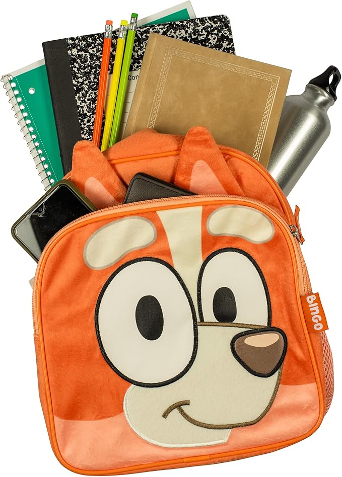 Bluey Bingo Backpack for Girls & Boys for Kindergarten & Elementary School, 12 Inch, Plush with 3D Ears & Appliques, Adjustable Straps & Padded Back, Lightweight Travel Bag for Kids