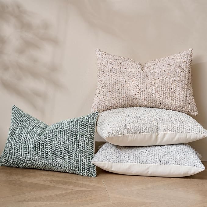 DEZENE Striped Throw Pillow Covers 12x20 Set of 2 Cream Grey Textured Boucle Chic Morden Boho Accent Farmhouse Rectangular Lumbar Decorative Couch Pillow Covers for Home Decor Bed Sofa Living Room