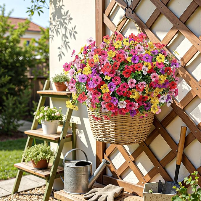 Alupssuc 48 Bundles Artificial Flowers for Outdoors Decoration, UV Resistant Silk Faux Floral Spring Fake Plastic Plants Greenery for Outside Indoor Home Porch Window Box Decor(Upgrade 6 Colors)