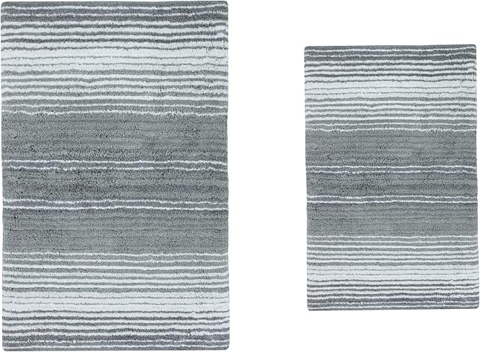 Home Weavers 100% Cotton Gradiation Collection Bathroom Décor | Washable Rug | Bathroom Mat | Kitchen Mat | Bathroom Rug Set | Bath Mat Set | Bath Floor Mat Non Slip, 2 Piece Set(S+M), Gray