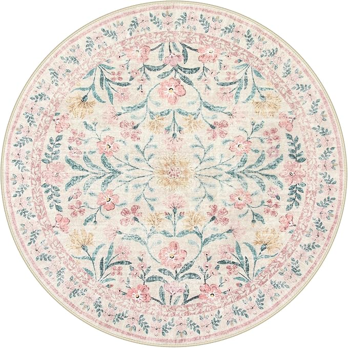 Wonnitar Washable Round Rugs 6ft, Pink Floral Circle Rug Large Round Carpet for Bedroom, Boho Soft Ultra-Thin Circular Carpets for Kids Playroom Living Room Nursery