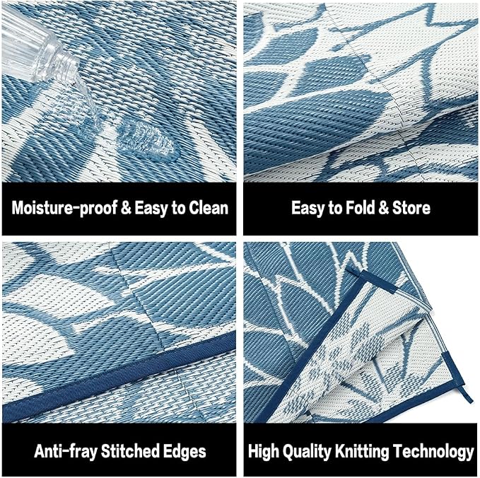 HUGEAR 9'x12' Outdoor Rug Waterproof Plastic Straw Rugs Large Blue Reversible Floral Mat Floor Carpet for Camping RV Deck Entryance Porch Picnic Balcony Beach Backyard