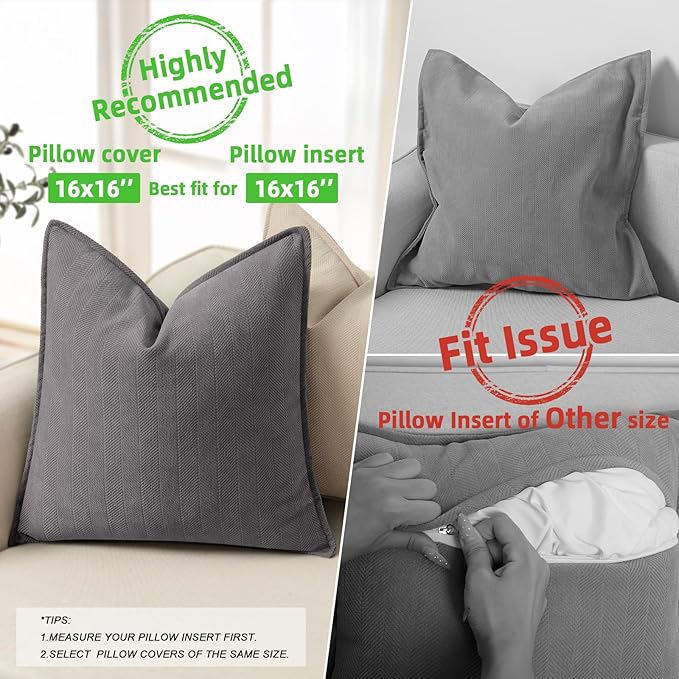 ZWJD Rustic Gray Pillow Covers 16x16 Set of 2 Chenille Throw Pillow Covers with Elegant Design Soft and Luxurious Decorative Throw Pillows for Couch, Bed, and Home Decor