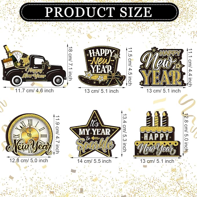Cinnvoice 6 Pcs Happy New Year Table Decorations Wooden Table Centerpieces Rustic Wood Tabletop Sign Decorations for Home Kitchen Office Farmhouse Desk Shelves Party Tiered Tray Decor